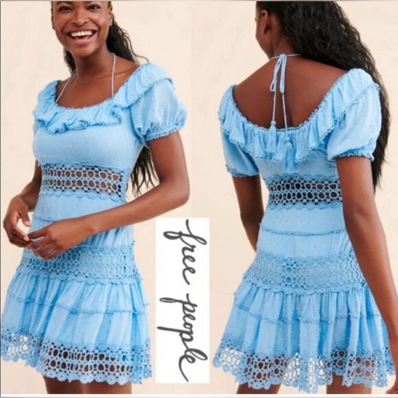 Free People | Blue Cruel Intentions Boho Eyelet Off Shoulder Halter Mini Dress 4 - Picture 1 of 8